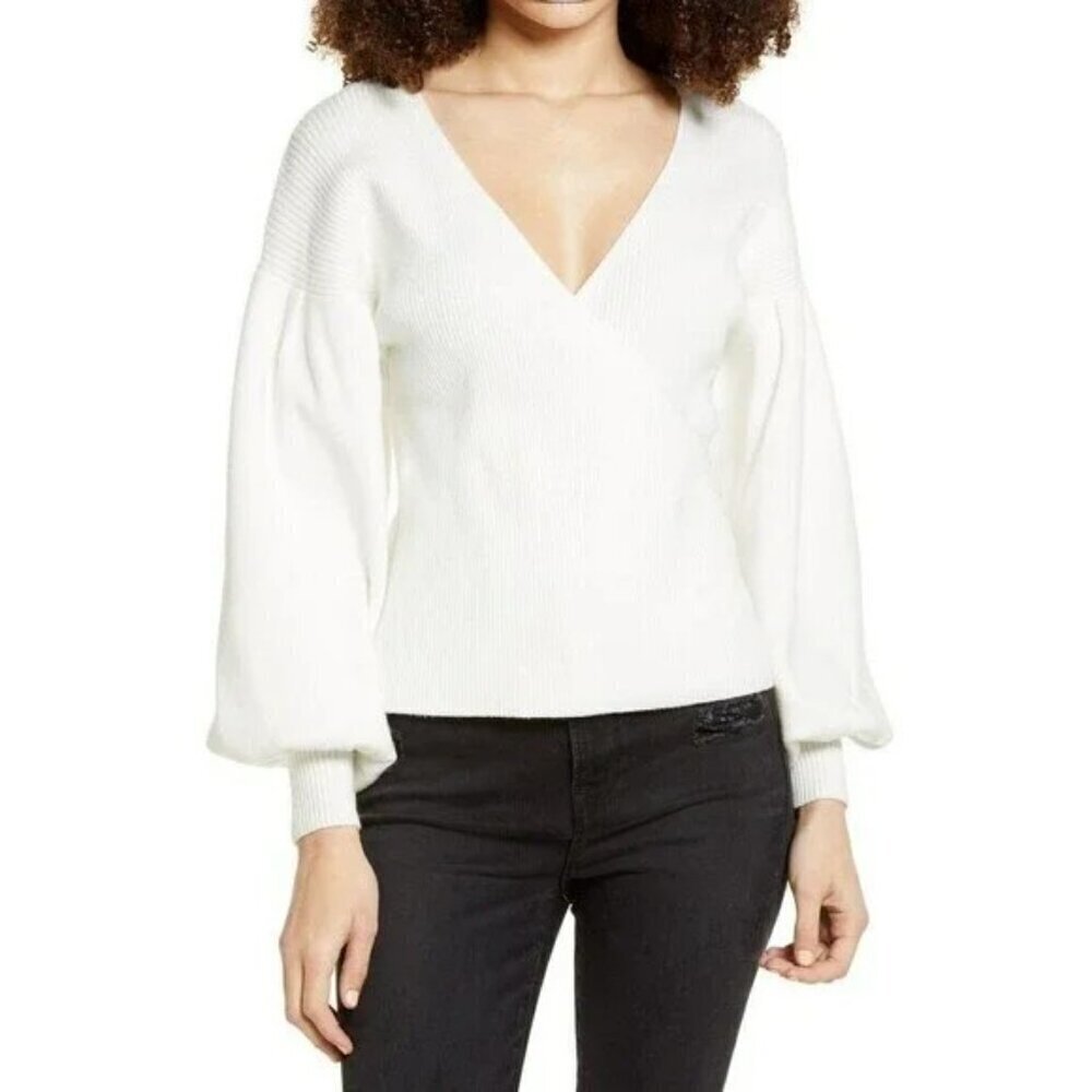 All in Favor White Ribbed Faux Wrap Sweater w/ Balloon Sleeves - Size Small